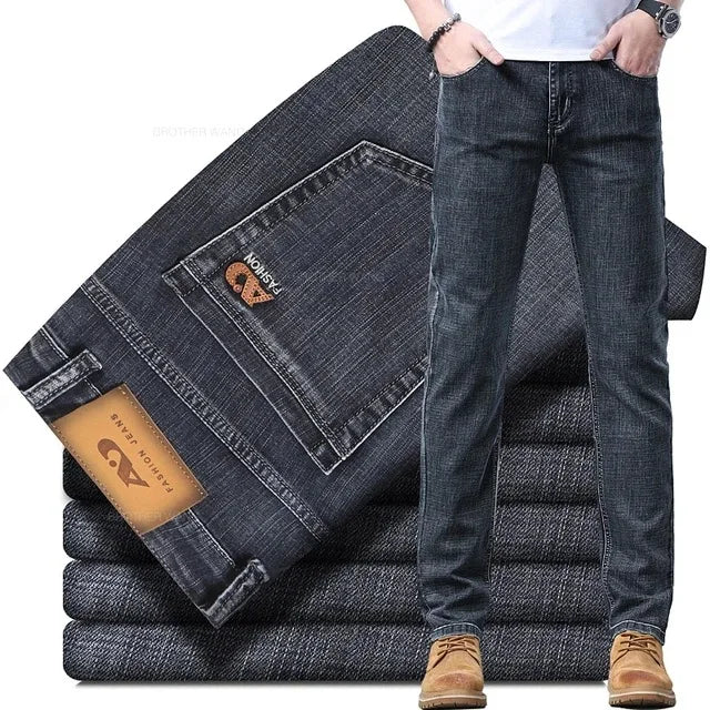 2026 Spring Summer Men's Slim Jeans Stylish Casual Stretch Fabric Denim Pants Classic Trousers Smoke Gray Plus Size 40