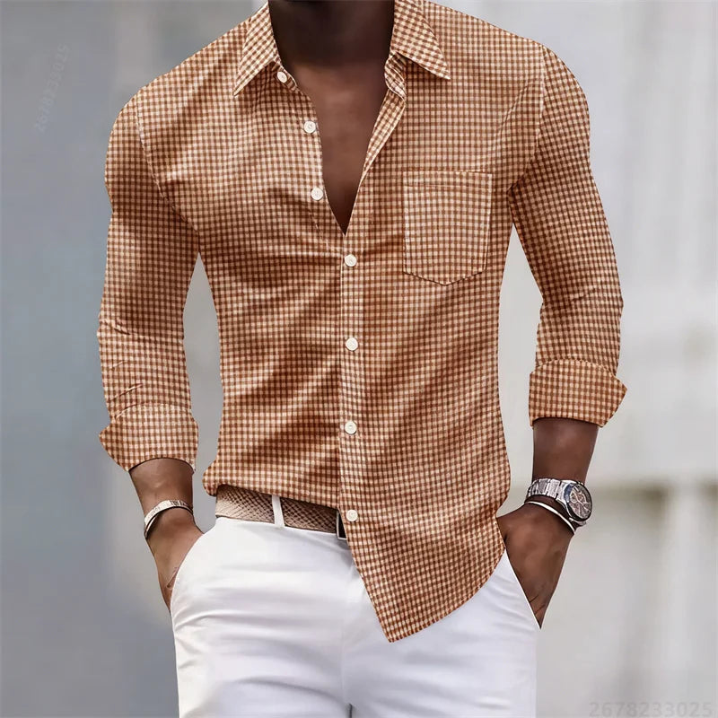 13-color men's shirt, light blue and white checkered long-sleeved shirt, slim fit, casual, business and commuting men's top.