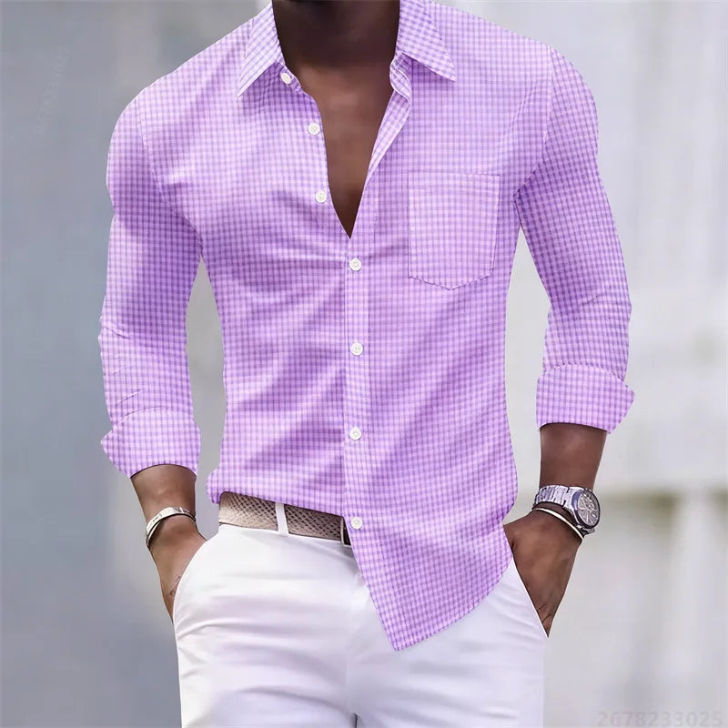 13-color men's shirt, light blue and white checkered long-sleeved shirt, slim fit, casual, business and commuting men's top.